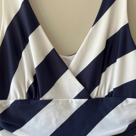 Jude Connally Sz M Stretch Long Maxi Dress Nautical Navy White Striped V Neck - Picture 6 of 7